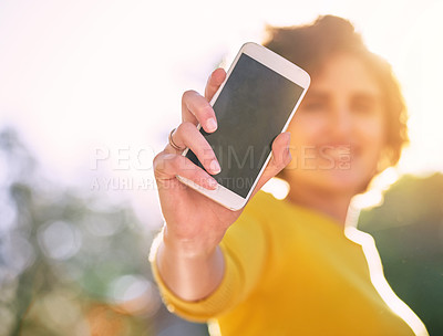 Buy stock photo Screen, woman with smartphone and sunshine outdoors with lens flare. Technology, social media or connectivity with cellphone and female person holding a mobile or digital device for communication