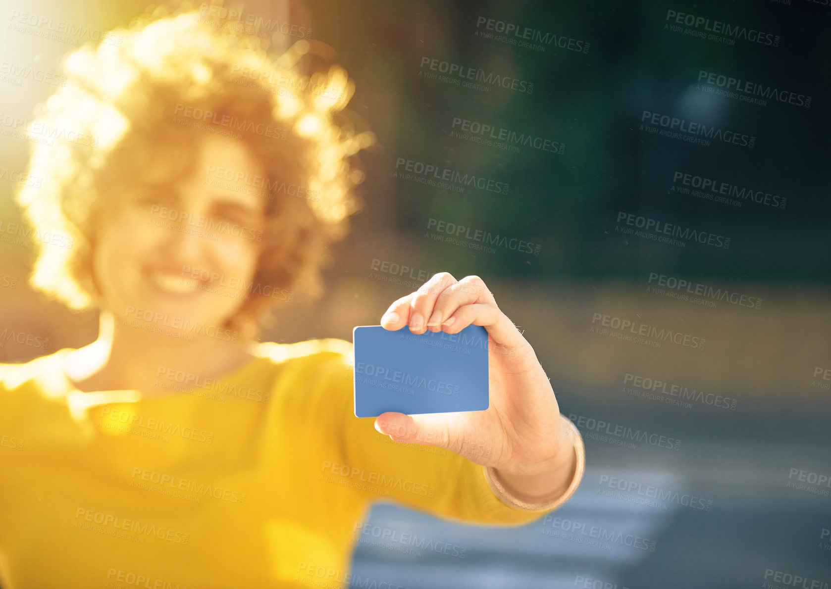 Buy stock photo Woman, travel and card in hand for bus in city with transportation, info and mockup outdoor. Morning, commute and journey on metro with digital ticket, pass or pay for public transport with credit