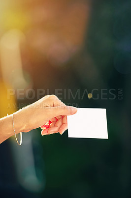 Buy stock photo Business, card and person with mockup in hand for info, space and networking in city. Marketing, paper and entrepreneur in town with sign to contact for commercial promotion and offer a note