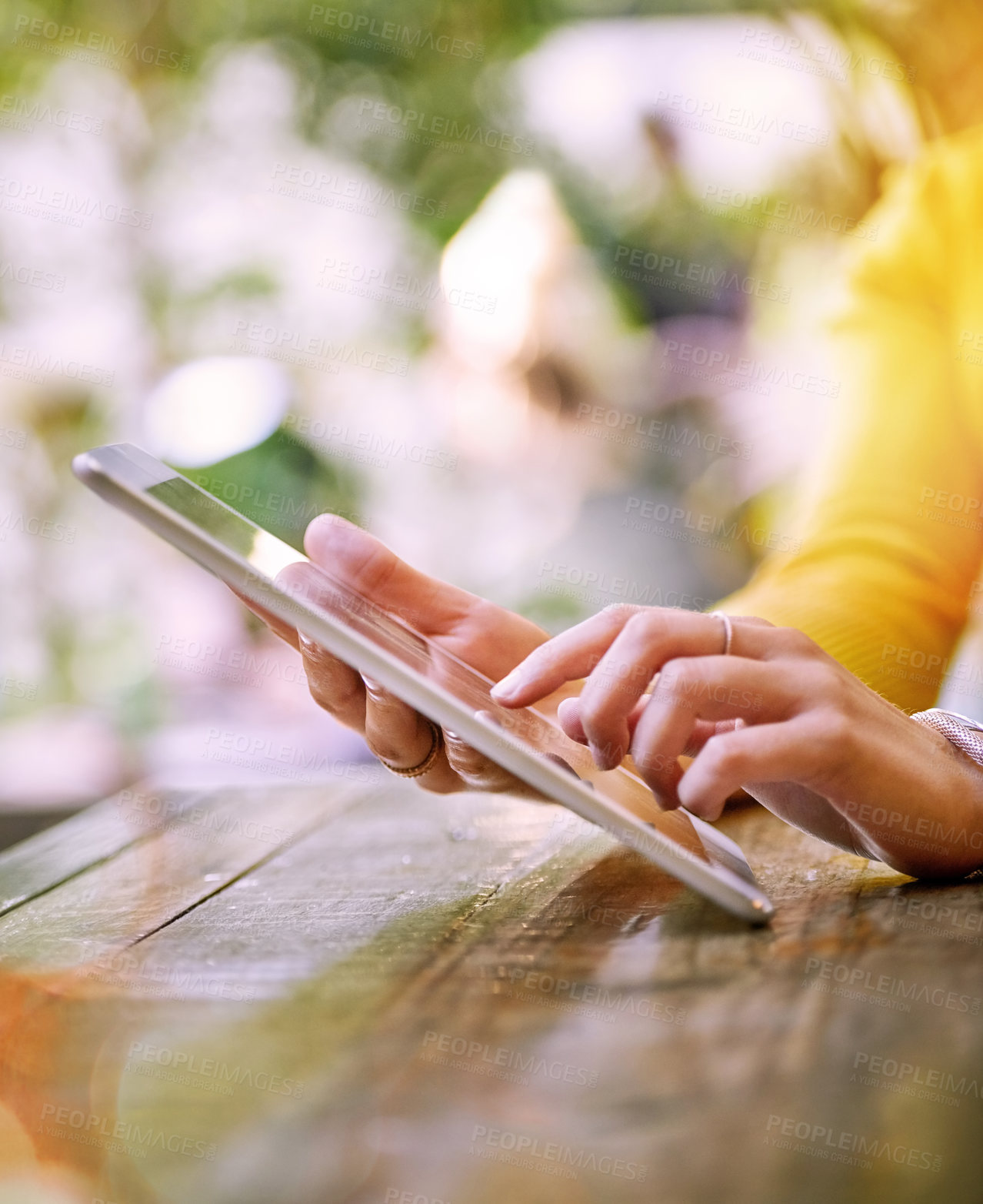 Buy stock photo Outdoor, desk and woman with tablet in hand for online investment, planning and communication. Website, finance and trader with technology on table for stock market, cryptocurrency and digital report