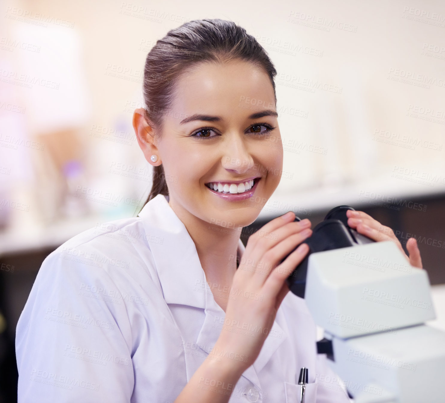 Buy stock photo Girl, portrait and scientist in laboratory with microscope for medical samples to diagnose disease and chemistry. Woman, happy and lab equipment for science experiment or pharmaceutical research test
