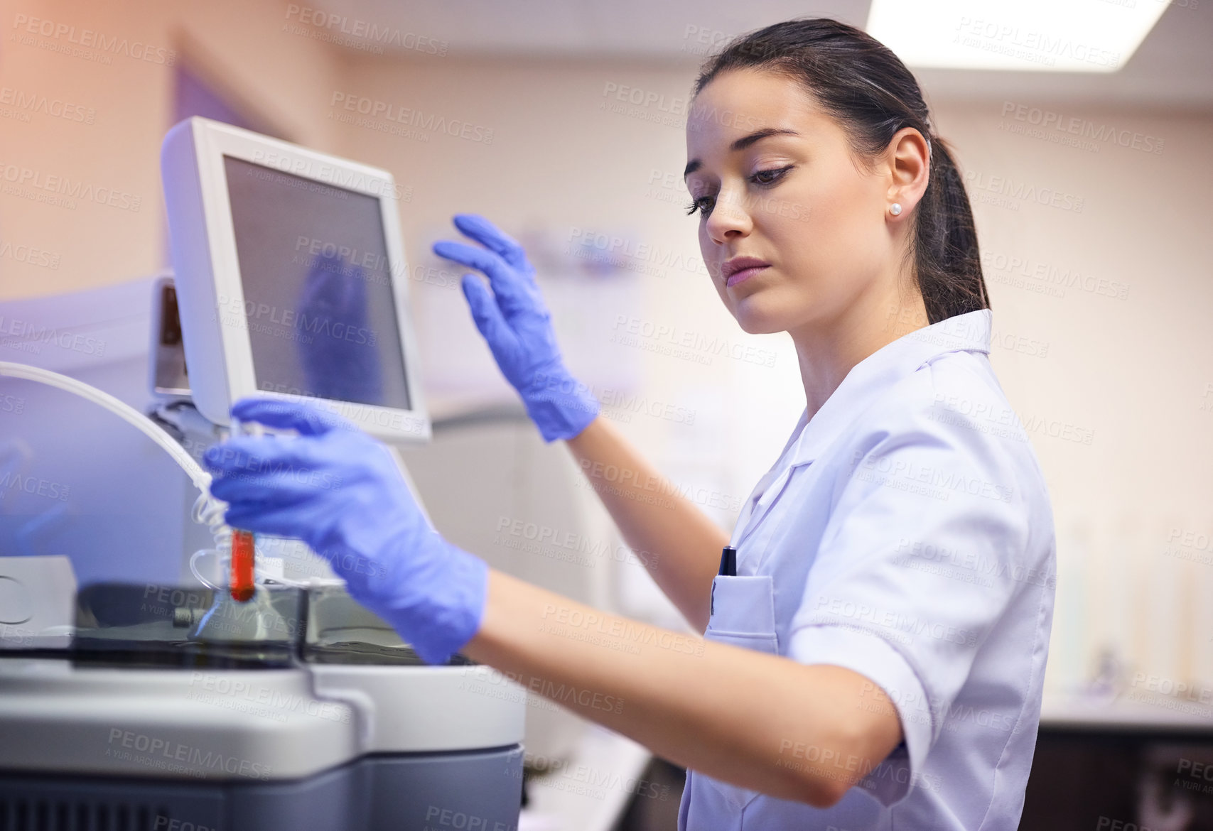 Buy stock photo Woman, computer and science in laboratory for medical, research and test for innovation in hospital. Biomedical scientist, study and technology for vaccine, healthcare and pharmaceutical development