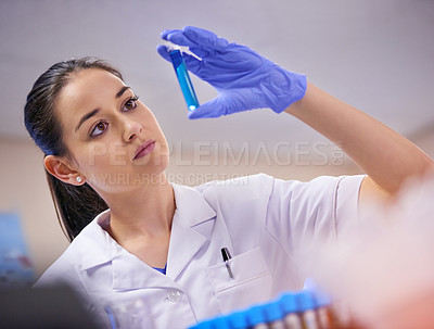 Buy stock photo Liquid solution, woman and scientist with test tube in laboratory for investigation, research or vaccine testing. Science, medicine and lab technician for analysis, experiment or medical study