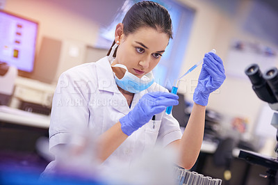 Buy stock photo Shot of a young scientist transferring liquid from a pipette to a test tube in a laboratory
