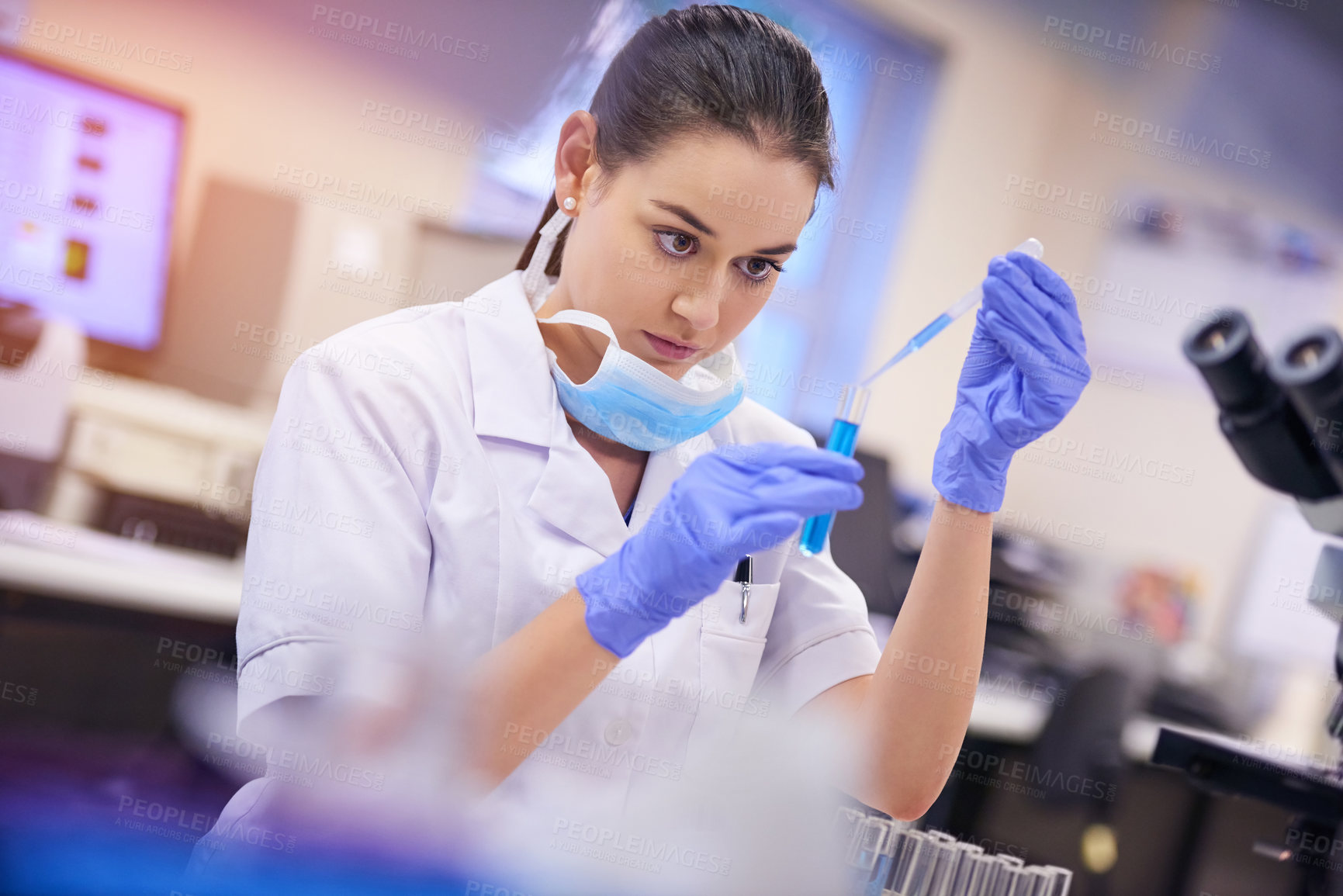 Buy stock photo Liquid, woman and scientist with test tube and dropper in laboratory for investigation, experiment or testing. Research, pharmaceutical and science technician working with chemical for medical study.