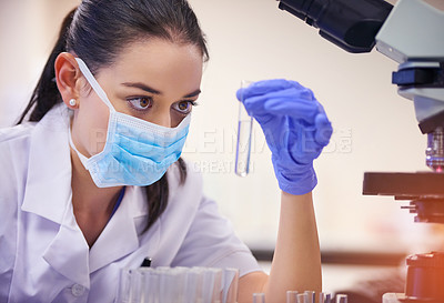 Buy stock photo Shot of a young scientist examining liquid in a test tube in a laboratory
