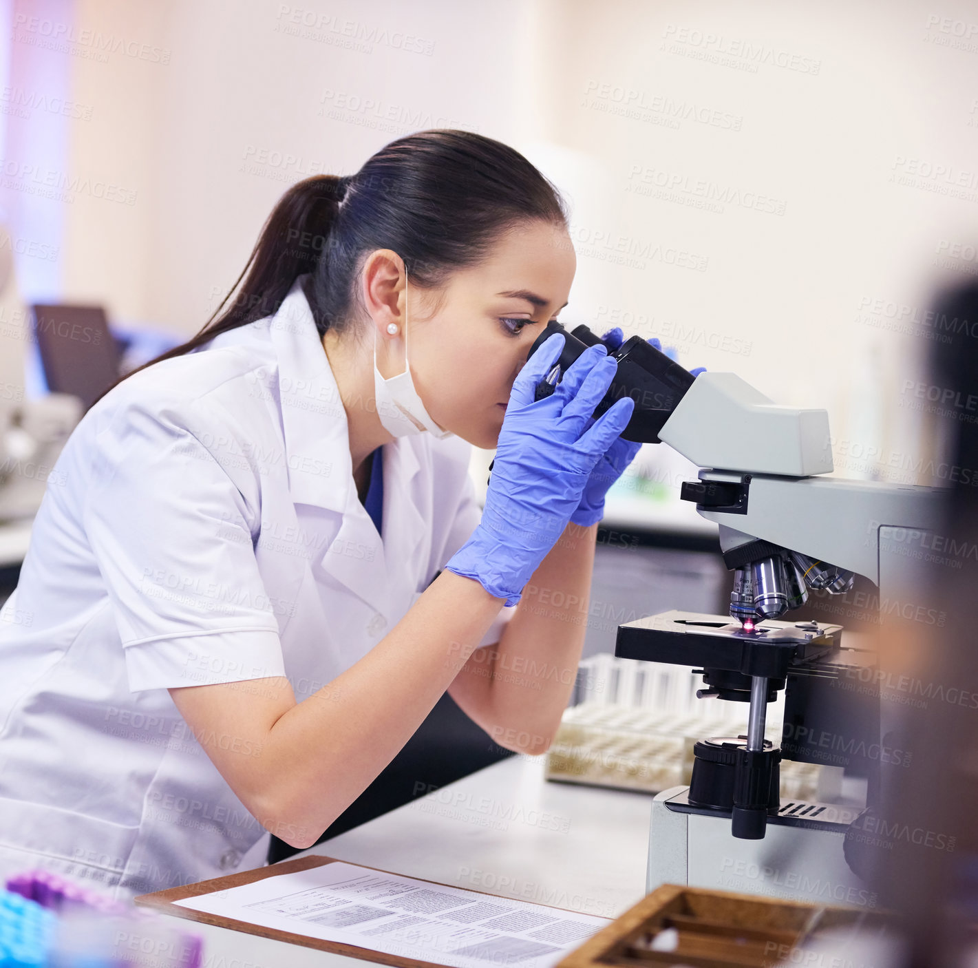 Buy stock photo Microscope, science and woman scientist in laboratory for medical research or breakthrough. Female technician, equipment and gene analysis in microbiology with doctor for clinical trial in Sweden.