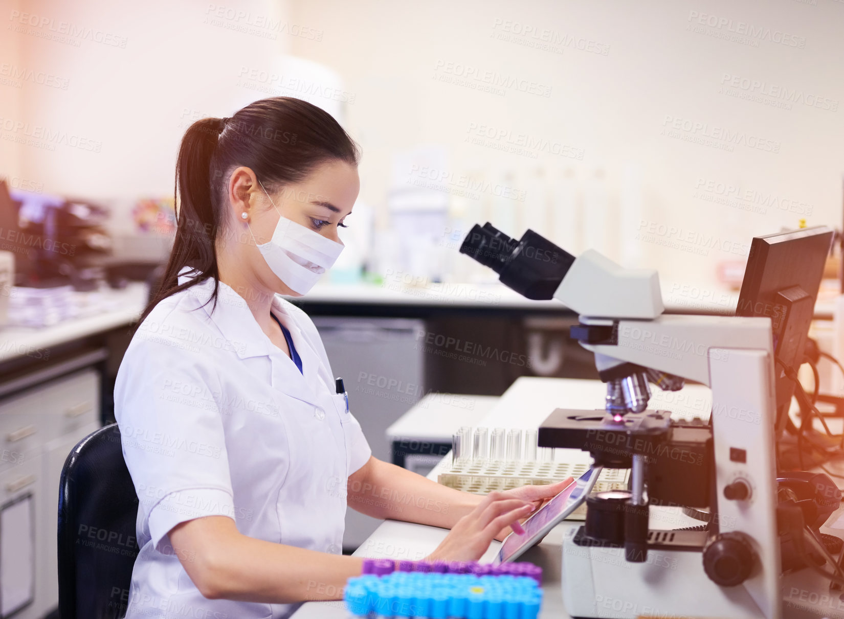 Buy stock photo Woman, scientist and tablet with microscope for medical research and vaccine innovation in laboratory. Female person, doctor and pharmaceutical development for medicine discovery or breakthrough