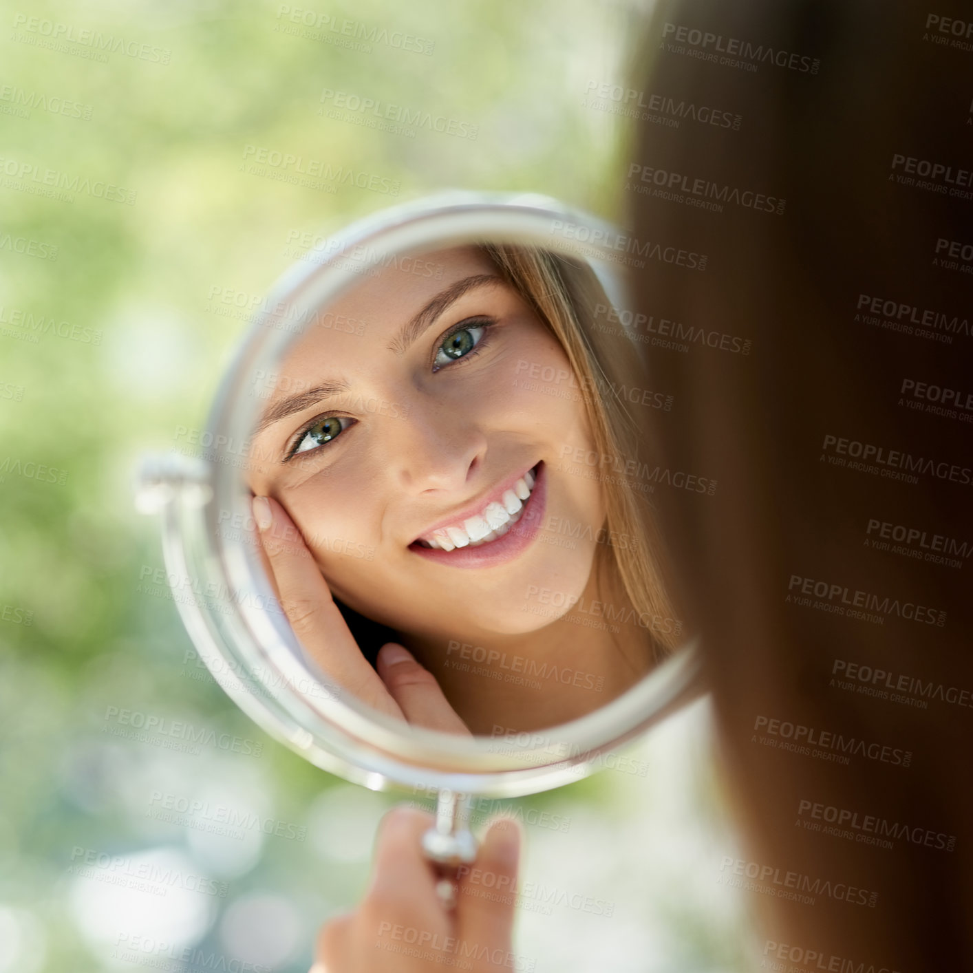 Buy stock photo Woman, mirror and anti aging or smile in home, hands and skincare or thinking with natural glowing reflection. Facial wellness, dermatology and cosmetic or inspection, treatment and self care