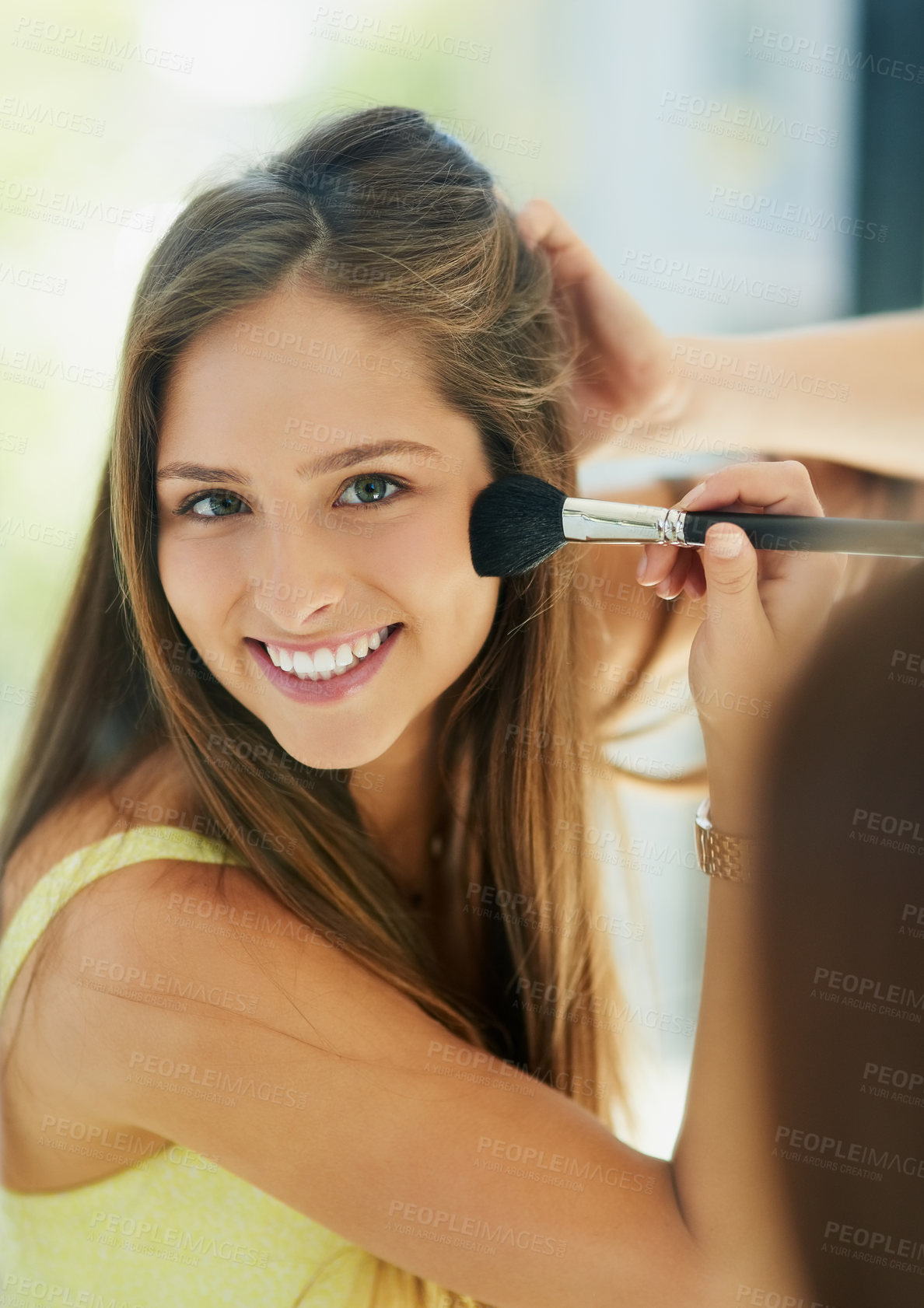 Buy stock photo Portrait, makeup and blusher with a woman in the bathroom, using a mirror to apply cosmetics to her face. Reflection, brush and morning beauty routine with a happy young female person applying blush