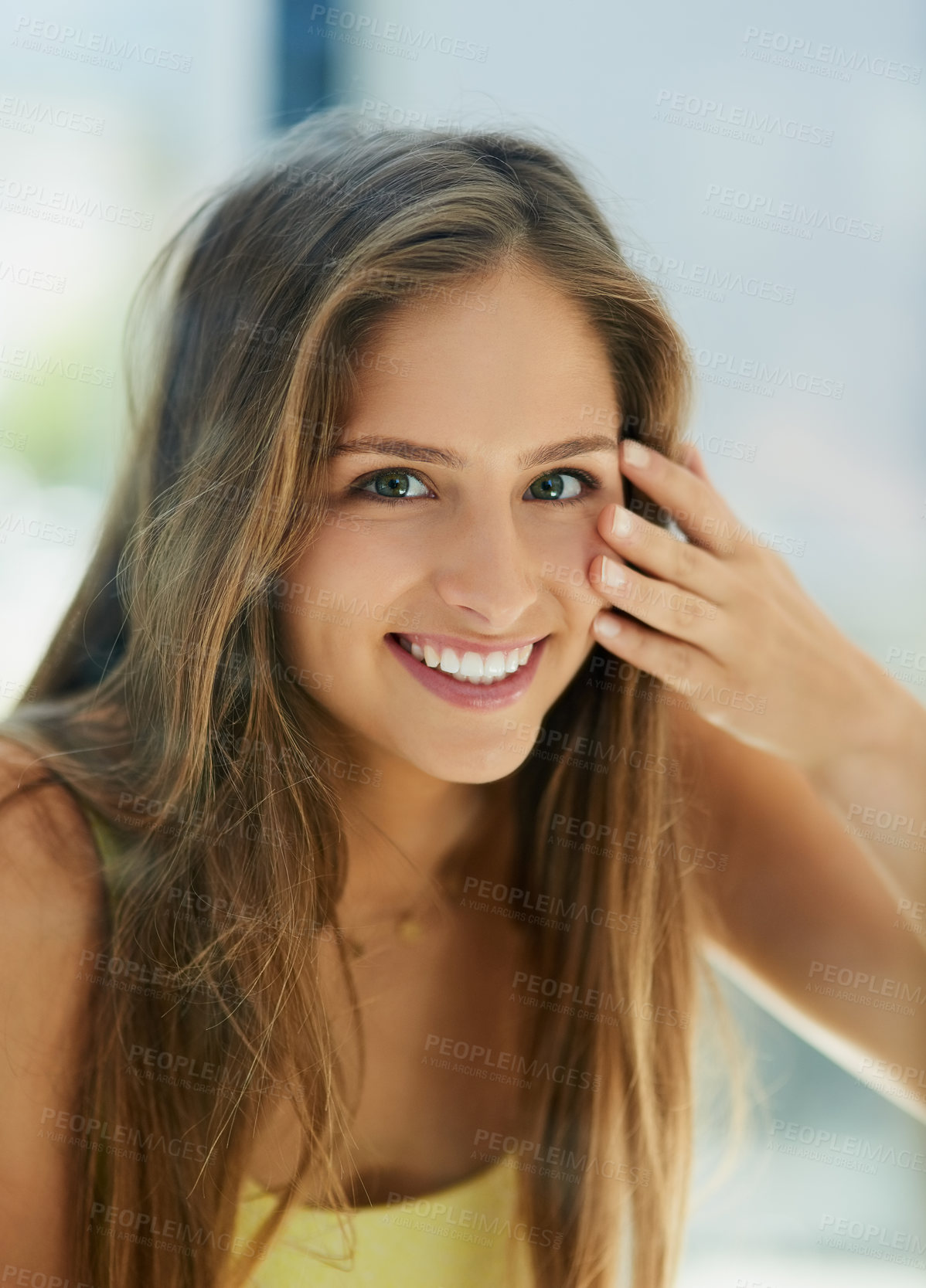 Buy stock photo Woman, portrait and happy for beauty in home, hands and skincare and smile with natural glow. Facial wellness, dermatology and cosmetic or inspection, treatment and self care for confidence in house