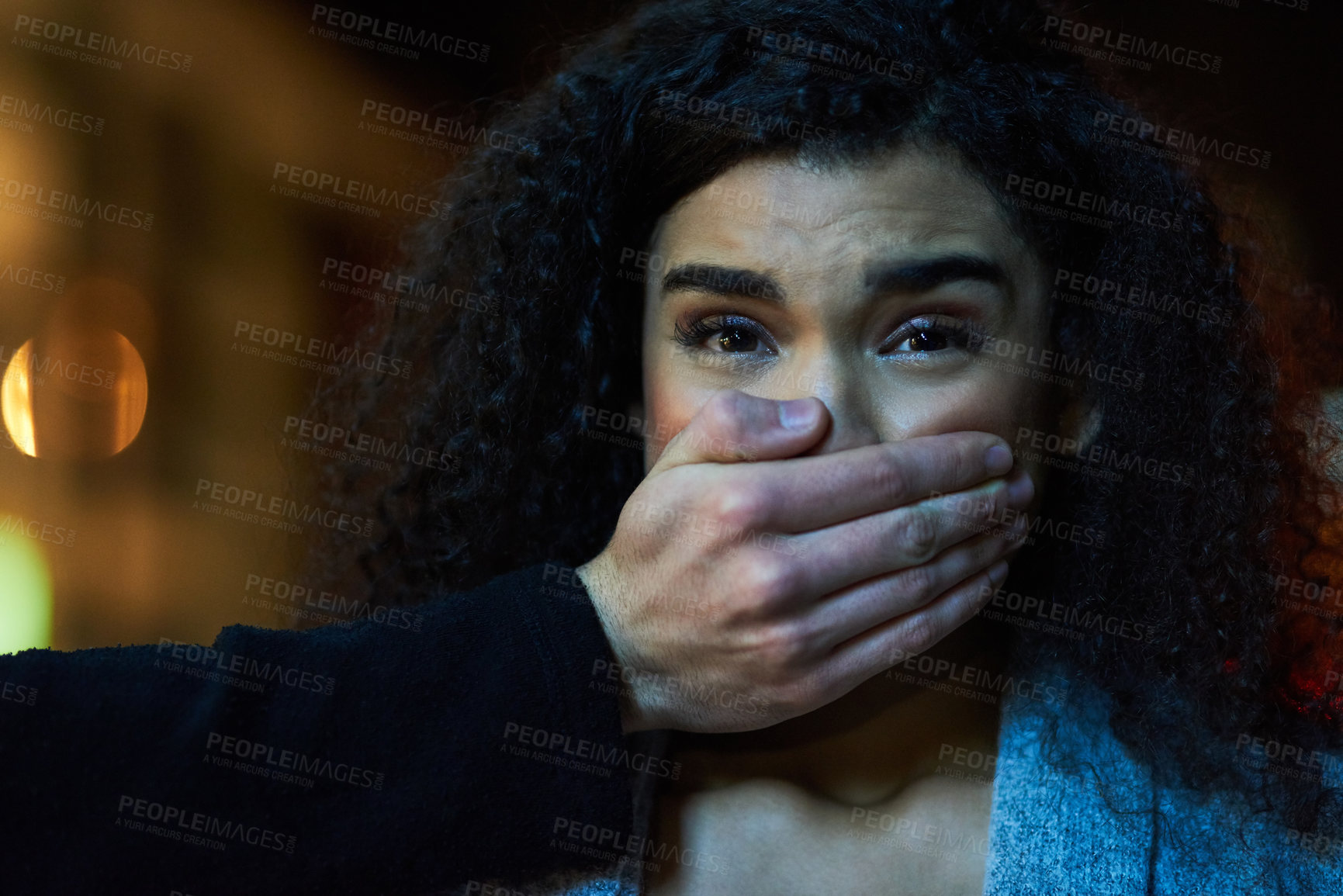 Buy stock photo Woman, portrait and scared with kidnapper at night in stress, anxiety or danger with silence, terror or violence. Female person with criminal, hand or mouth for crime, robbery or abduction in city