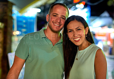 Buy stock photo Couple, portrait and happy in city street for love, date or travel with memory at night. Man, woman and smile outdoor in urban town for romance, freedom or journey for holiday with partner in Bangkok