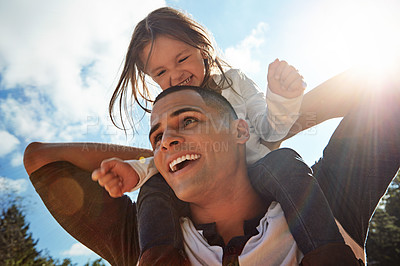 Buy stock photo Sky, happy and dad with girl on shoulder in nature for outdoor adventure, child development and support. Love, smile and low angle of man with kid for funny bonding, care and playful on fathers day