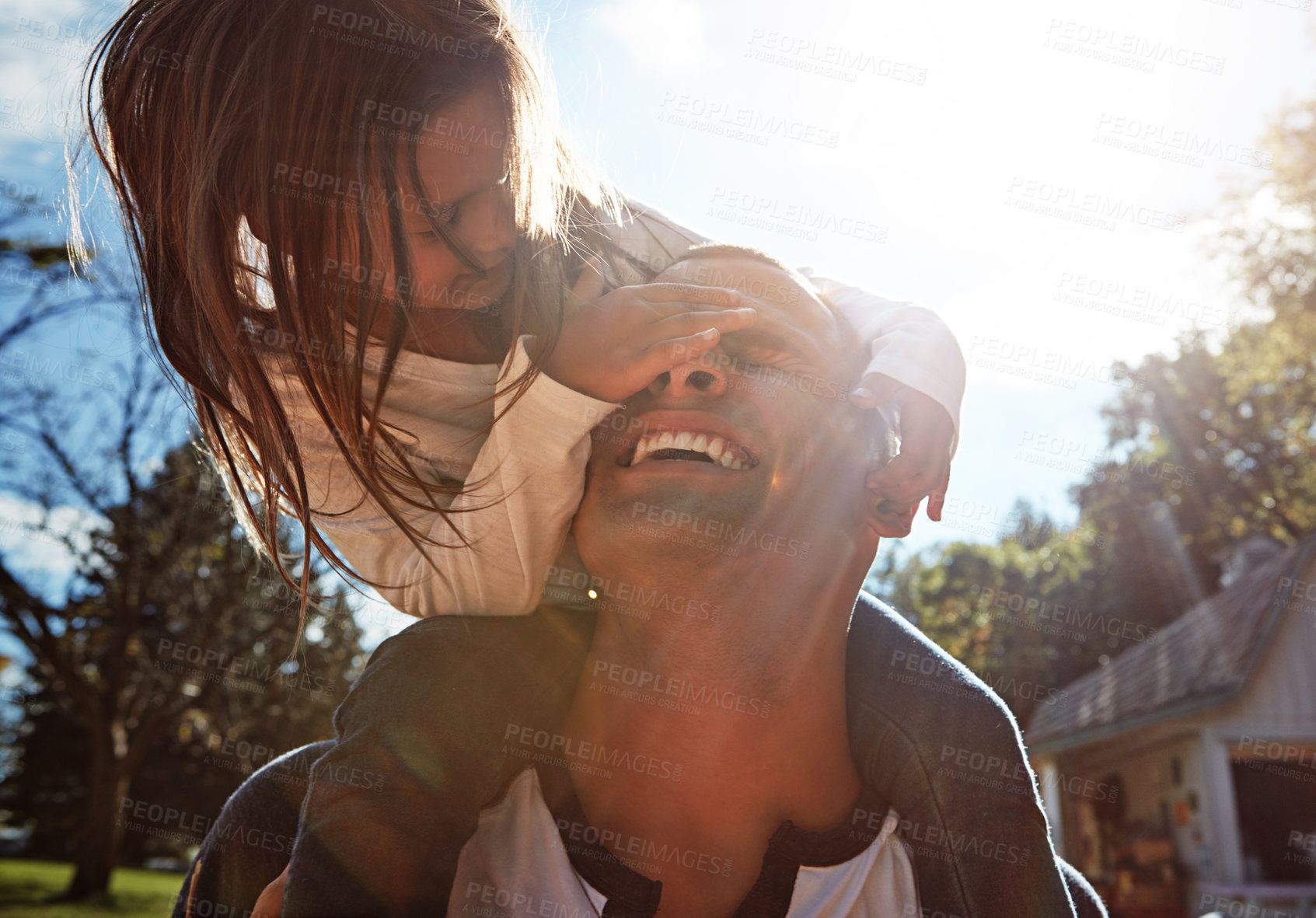 Buy stock photo Happy, fun and dad with girl on shoulder in nature for outdoor adventure, child development and humour. Smile, love and man with kid in garden for playful bonding, support and care on fathers day