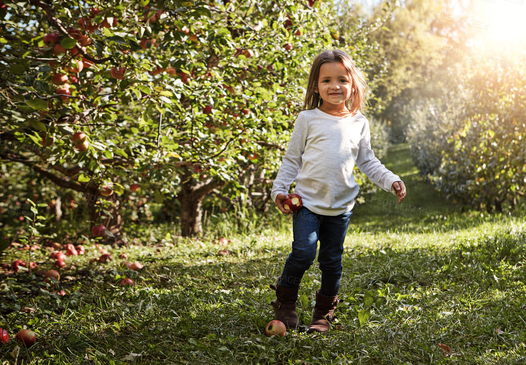 Buy stock photo Shot of an adorable little girl having fun in an apple orchard