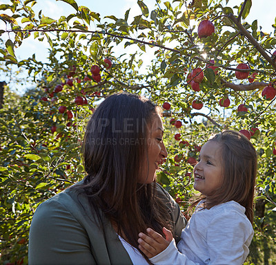 Buy stock photo Apple, farm and mom with child in trees on orchard or relax in garden with summer nature on vacation. Growth, mother and daughter with fruit from sustainable agriculture, environment or healthy food