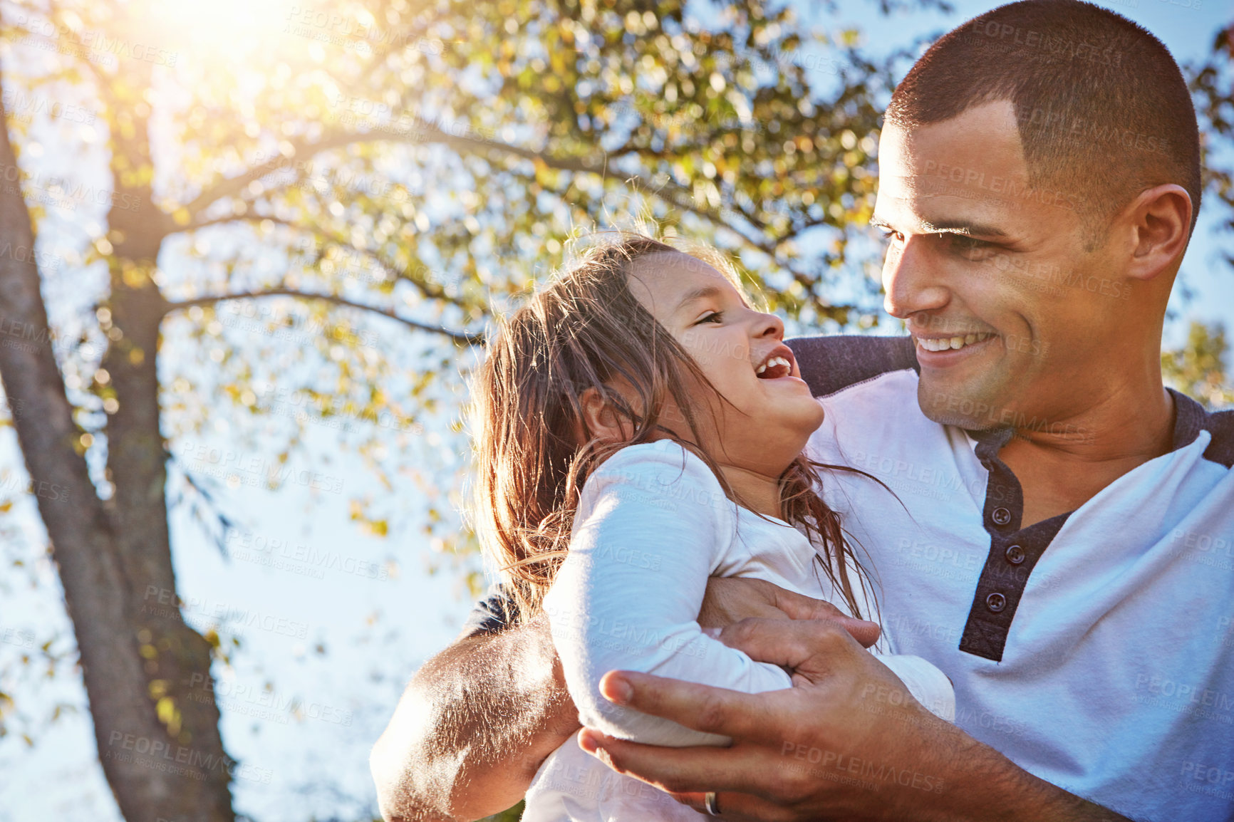 Buy stock photo Happy, hug and dad with girl in garden, park or relax on adventure in summer, vacation or holiday. Father, love and care for child and bonding on travel in countryside or environment with family