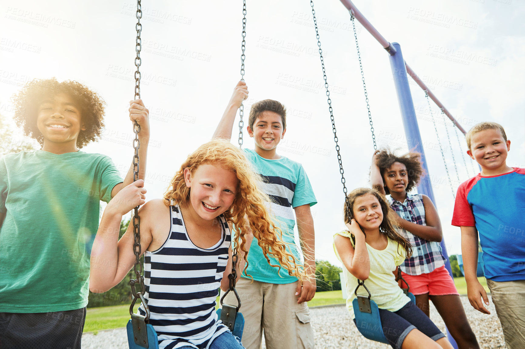 Buy stock photo Portrait, children or kids in park outdoor playing together for friendship, bonding and relationship development. Happy, young people and swing on jungle gym for childhood fun or summer break