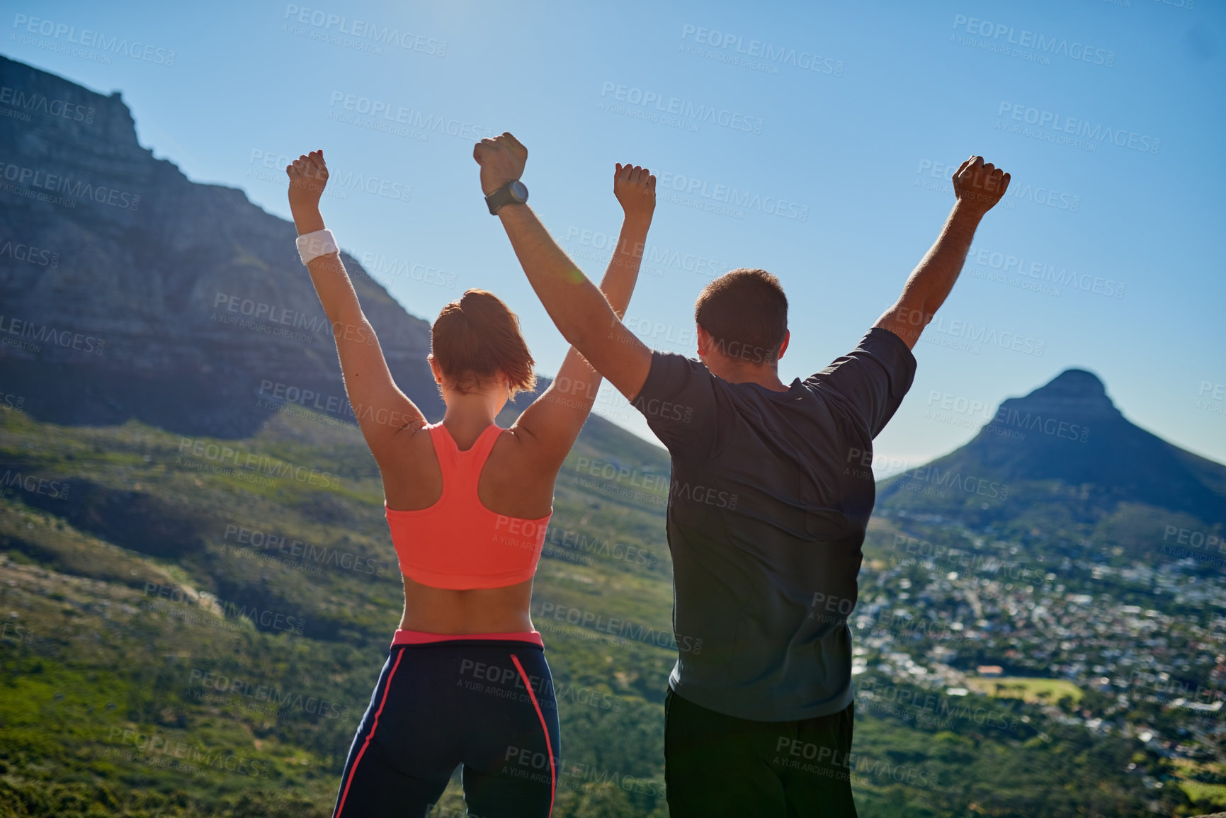 Buy stock photo Happy couple, back and fitness with fist pump on mountain for winning, victory or achievement in nature. Rear view of man, woman or athletes with hands in air for conquer, workout or accomplishment