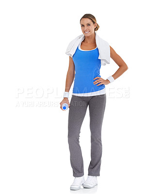 Buy stock photo Water bottle, sports and portrait of woman in studio on break for exercise, training or workout. Smile, fitness and happy young female person with hydration drink for weight loss by white background.