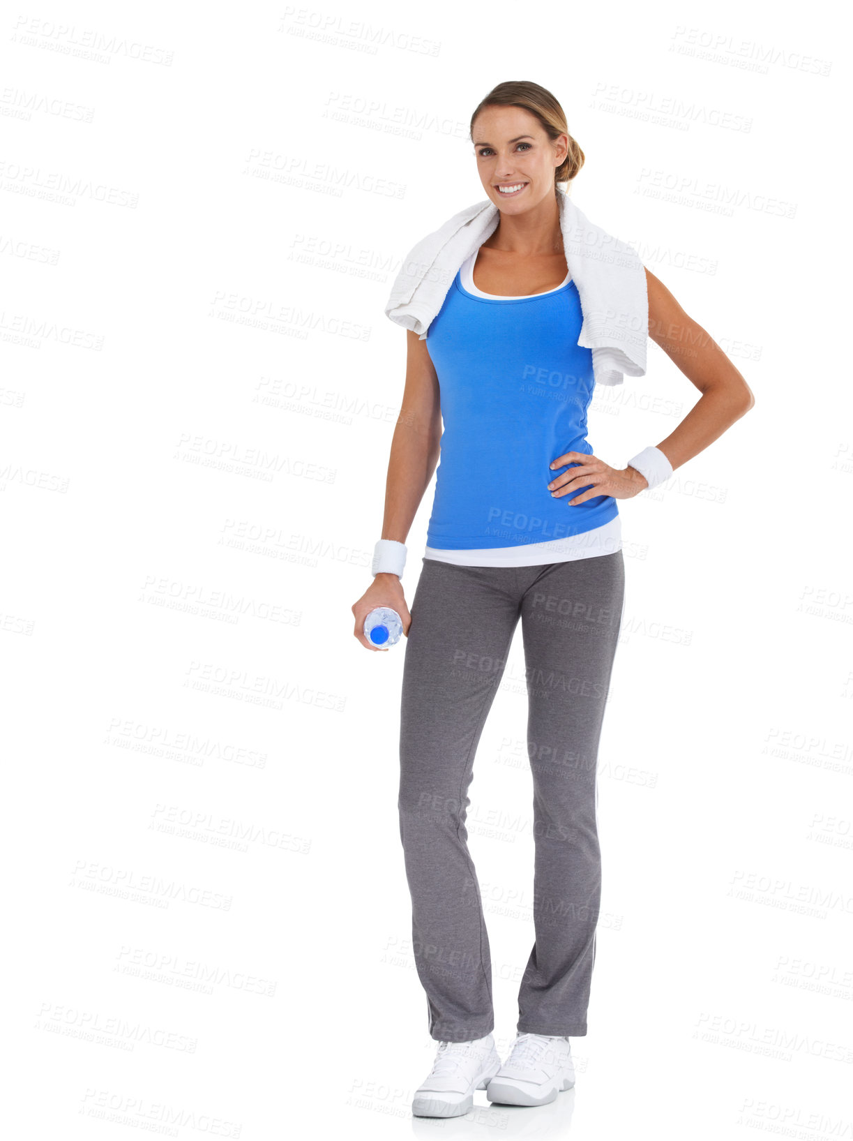 Buy stock photo Water bottle, sports and portrait of woman in studio on break for exercise, training or workout. Smile, fitness and happy young female person with hydration drink for weight loss by white background.