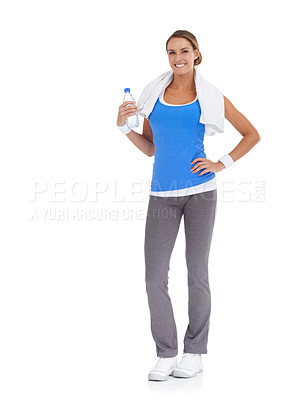 Buy stock photo Woman, fitness and water bottle in studio for health, wellness and exercise or workout break. Portrait of young happy person or sports model with liquid for energy and training on a white background