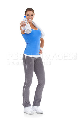 Buy stock photo Woman, training and water bottle in studio for health, wellness and fitness on a white background. Portrait of happy person or sports model with towel and liquid offer for energy, workout or exercise