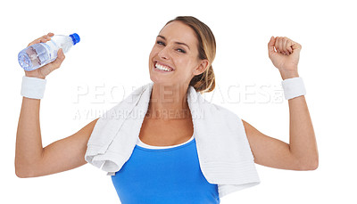 Buy stock photo Woman, fitness success and water bottle in studio for health, exercise goals and workout achievement or winning. Portrait of happy person with yes, fist and energy for training on a white background