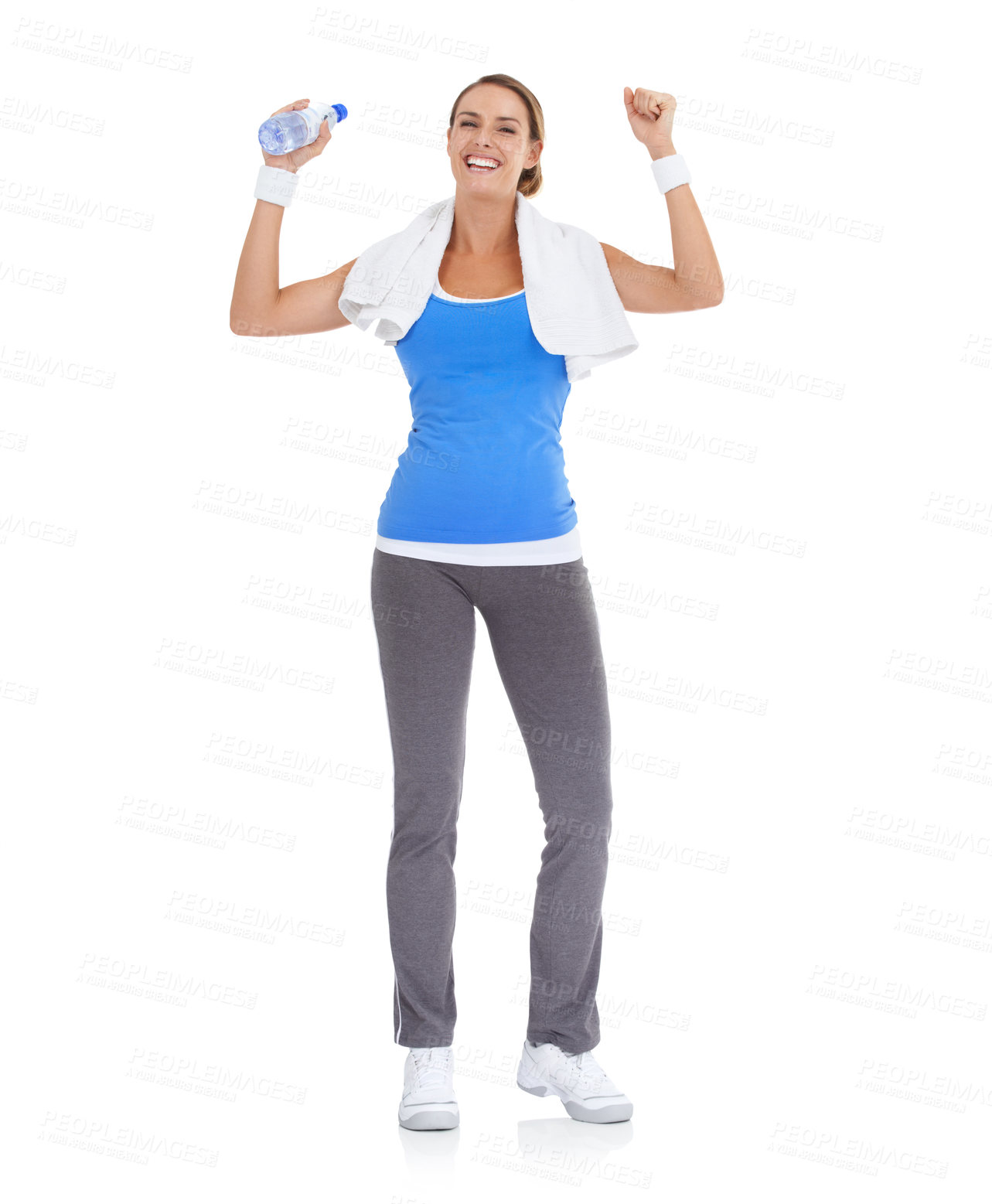 Buy stock photo Woman, fist and water bottle for fitness in studio with exercise, workout success or body goals and achievement. Portrait of model with fist, energy and training celebration on a white background