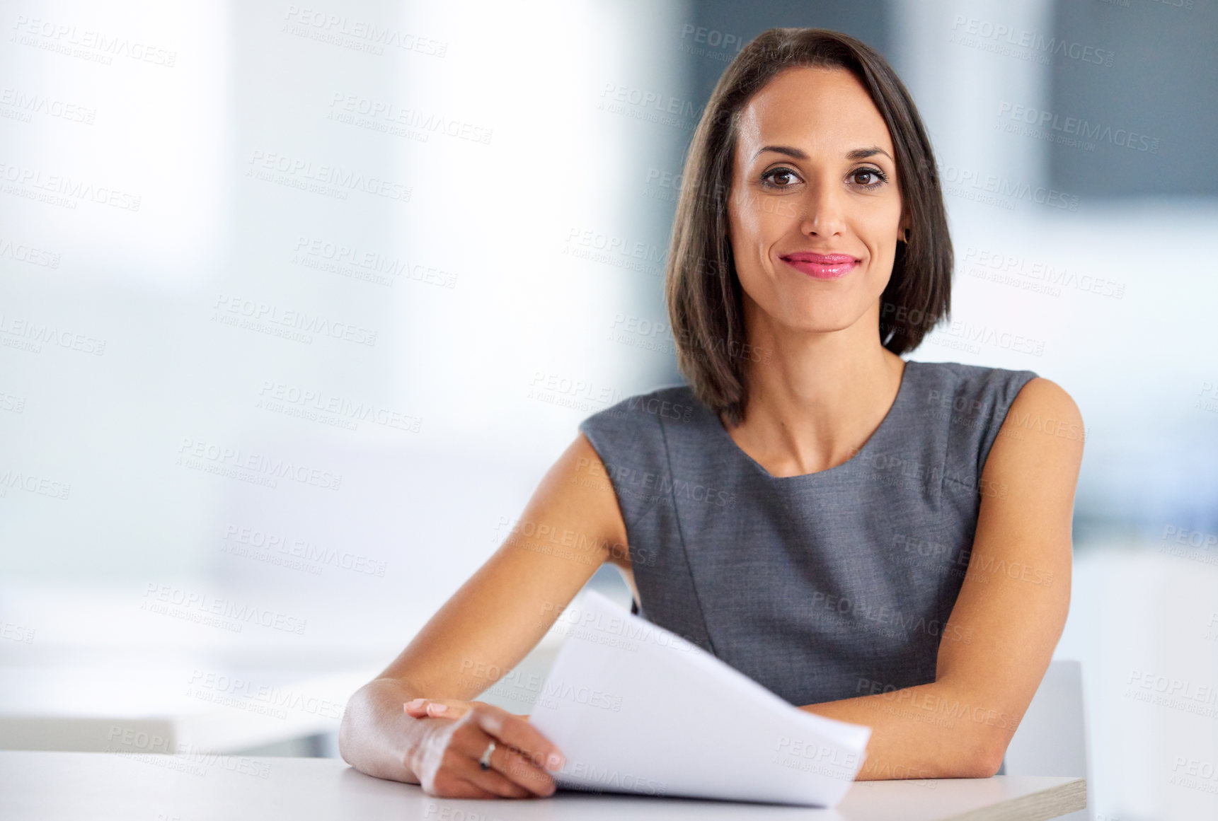 Buy stock photo Woman, desk and portrait in office with paperwork, planning and smile for creative employee. Happy, confidence and administration for architect and designer, professional and lookbook for project