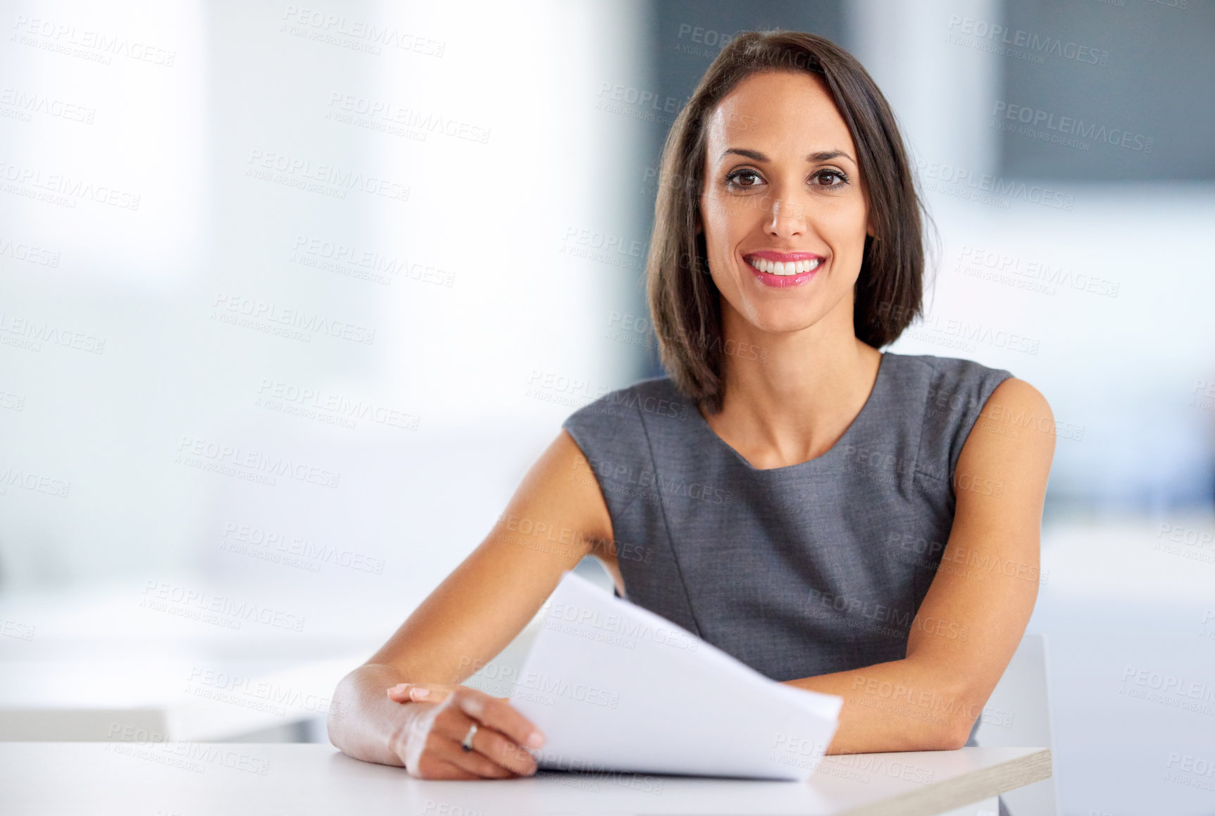 Buy stock photo Woman, desk and portrait in office with paperwork, planning and smile for creative employee. Happy, confidence and administration for architect and designer, professional and lookbook for project