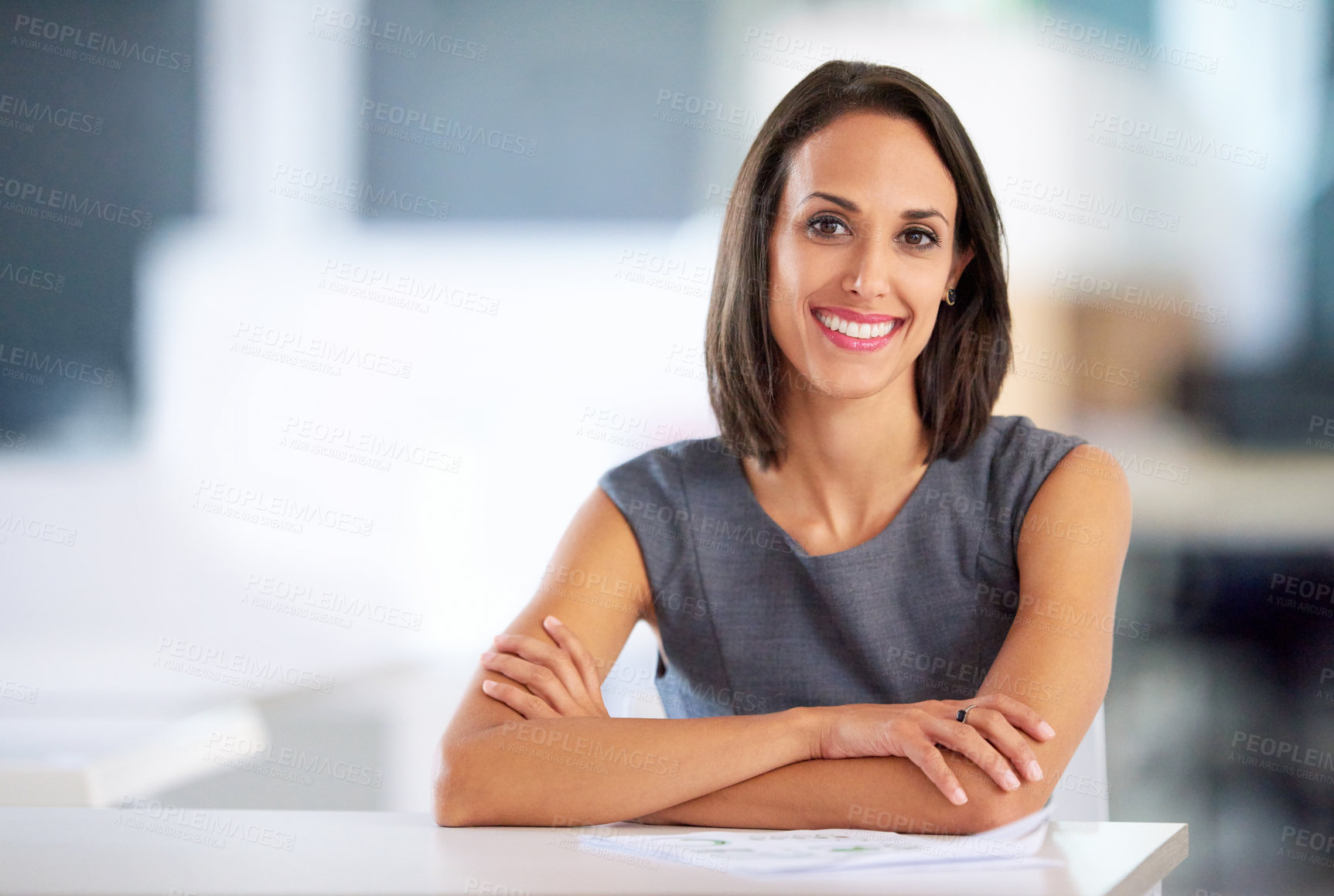 Buy stock photo Woman, office and portrait with documents, desk and planning with smile for creative employee. Happy, confidence and administration for architect and designer, professional and lookbook for project