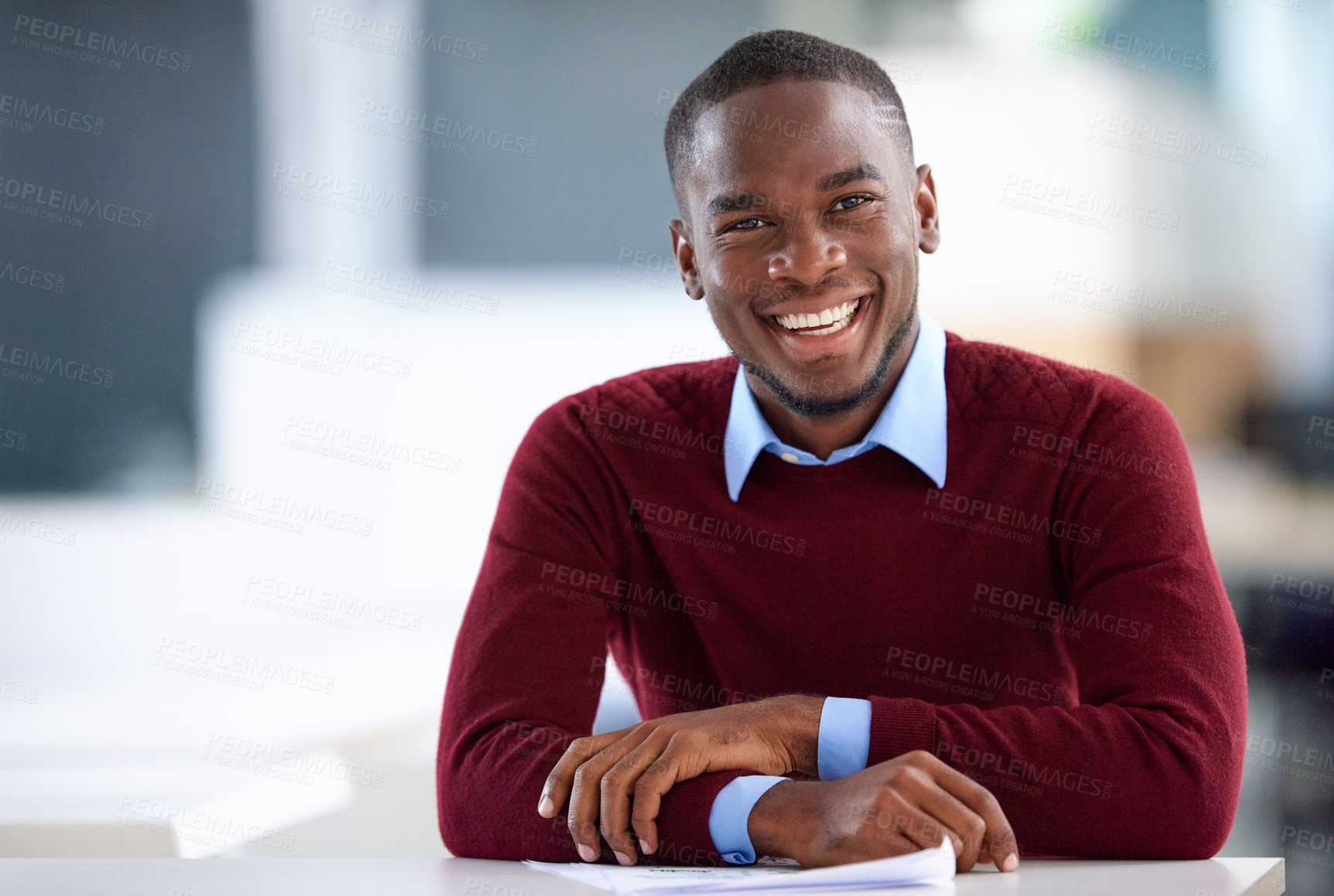 Buy stock photo Office, black man and portrait with smile for document, business review and report with corporate update. Workplace, male person and consultant with pride for professional career, notes and paperwork