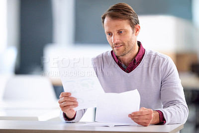 Buy stock photo Business, employee and man with documents, ideas and reading for feedback, research and review. Person, consultant and professional with paperwork, office and expert with planning, report and notes