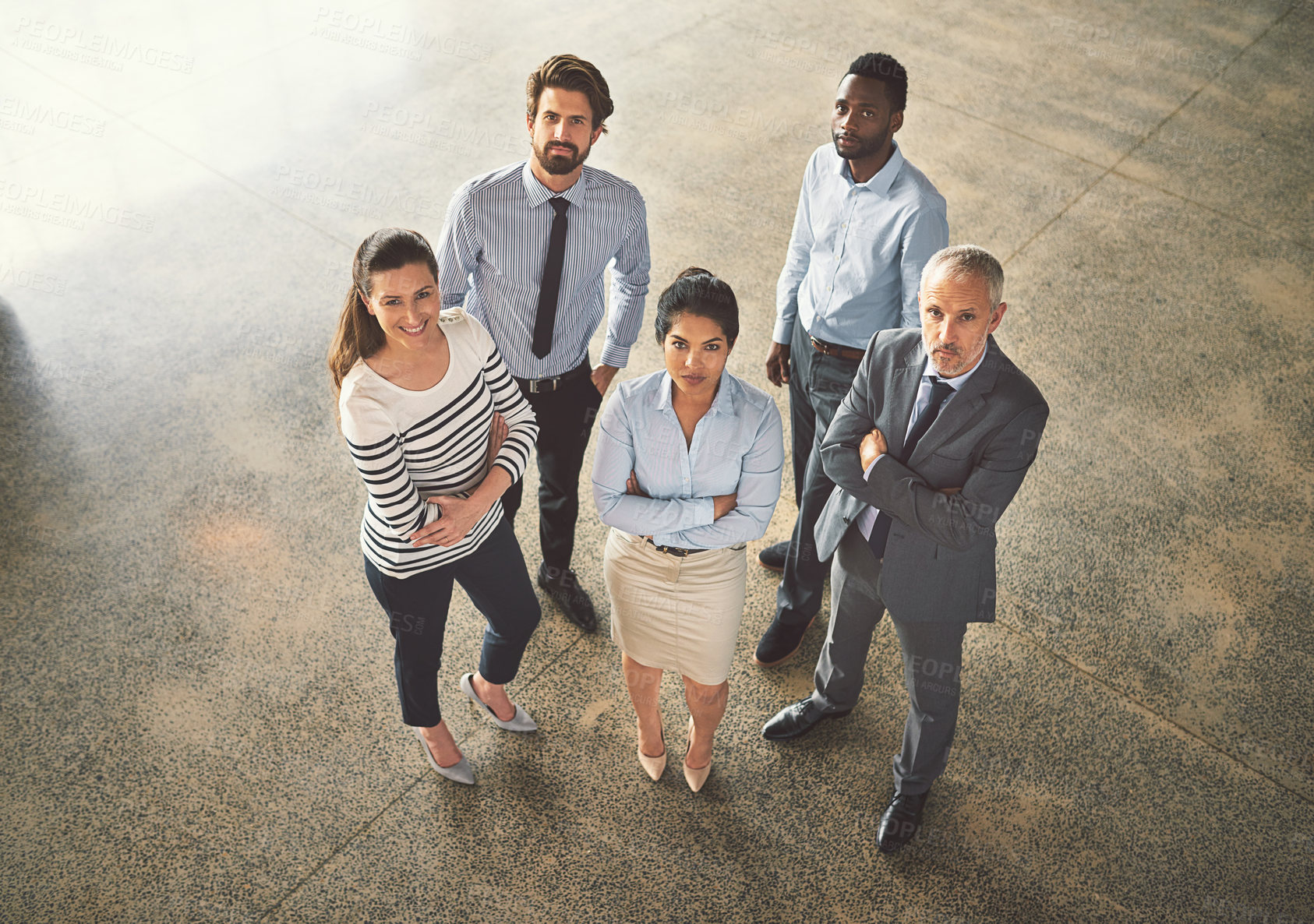 Buy stock photo Portrait, above and teamwork with business people in office for meeting, solidarity and diversity. Collaboration, about us and pride with group of employees for support, leadership and community