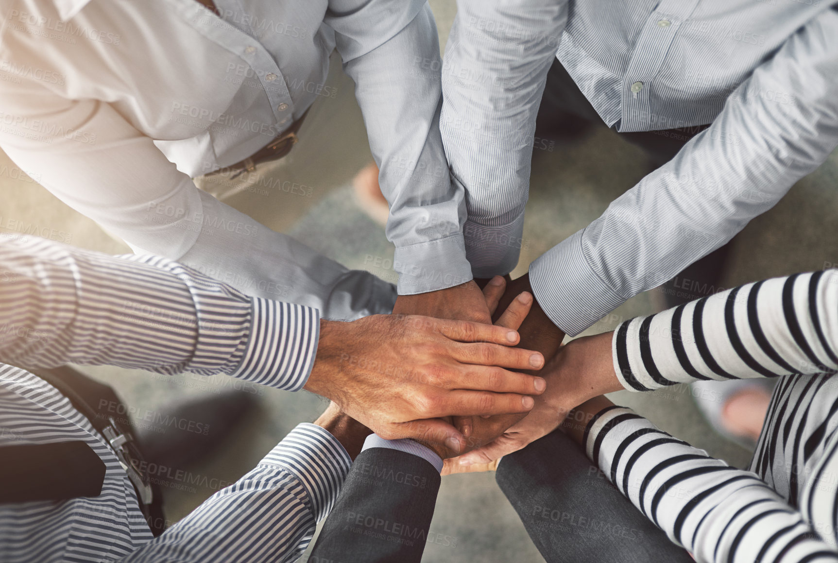 Buy stock photo Above, business people and hands with stack for partnership, support and integration in office. Top view, employees and lawyers with huddle for case celebration, success and teamwork for cooperation