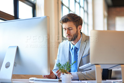Buy stock photo Business, thinking and man with a computer, internet and solution with problem solving, website info and ideas. Person, employee and consultant with technology, laptop and brainstorming with email