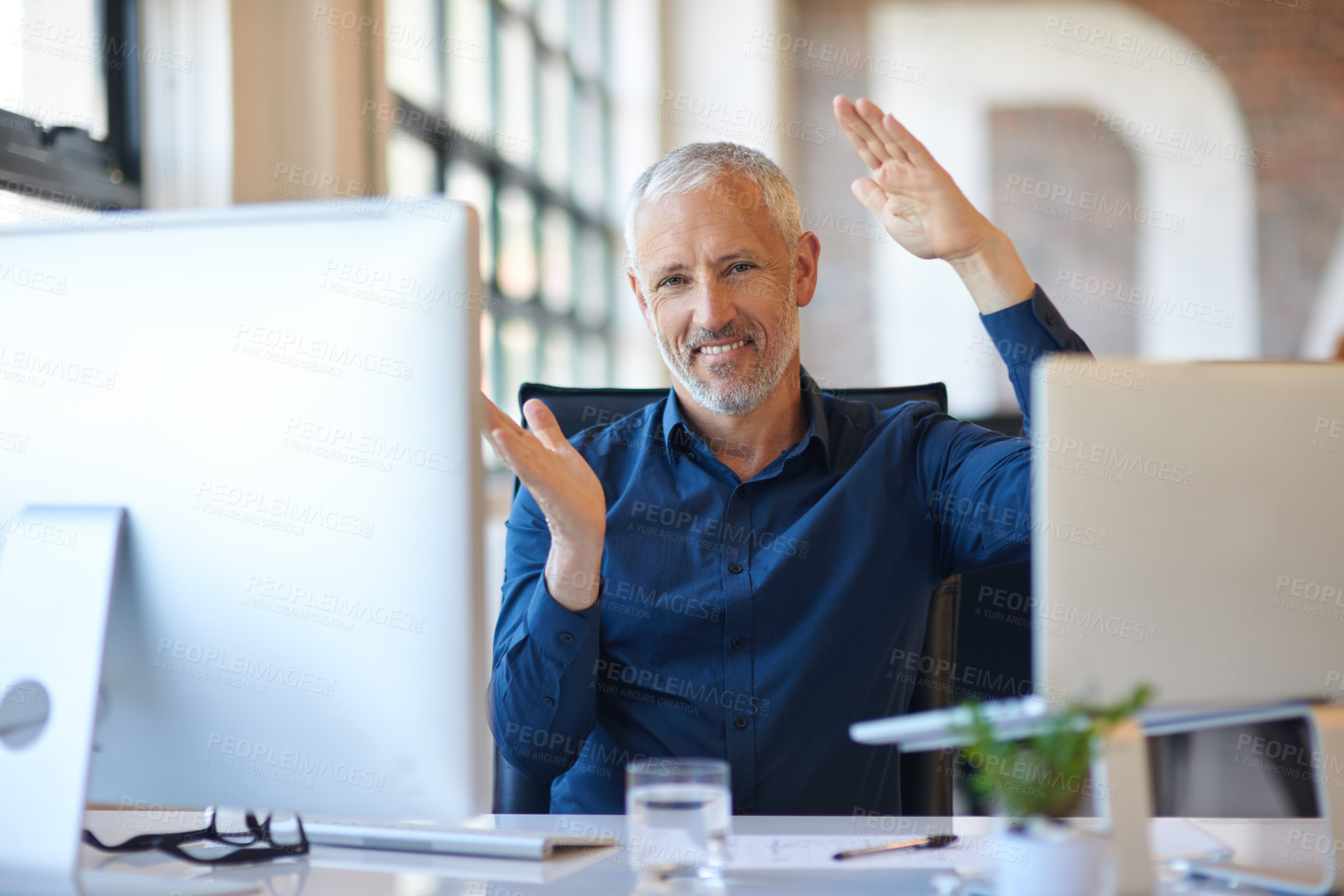 Buy stock photo Portrait, hands and businessman with office, computer and smile for growth or management. Happy, gesture and mature agent in workplace for insurance, consulting or financial advice at accounting firm