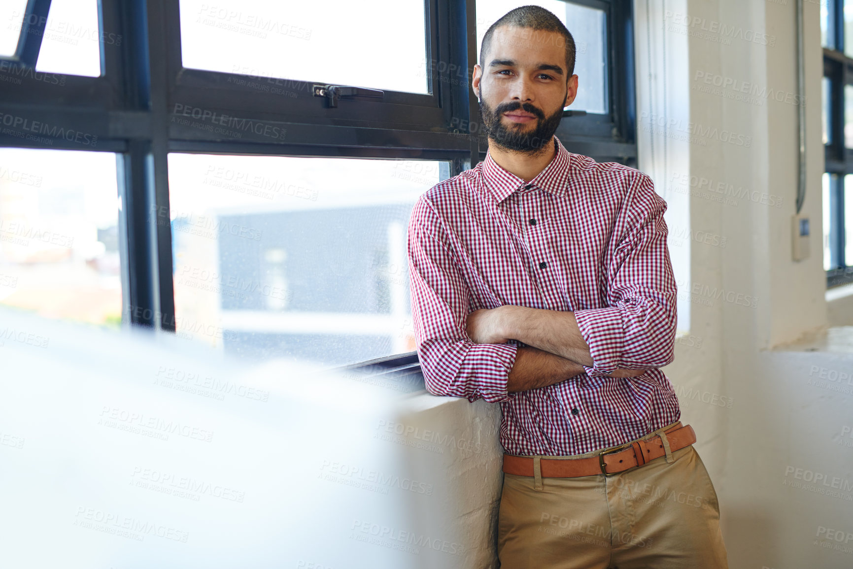 Buy stock photo Portrait, arms crossed and businessman with office, window and smile for management. Serious, face and African agent in workplace for insurance, consulting or financial advice at accounting firm