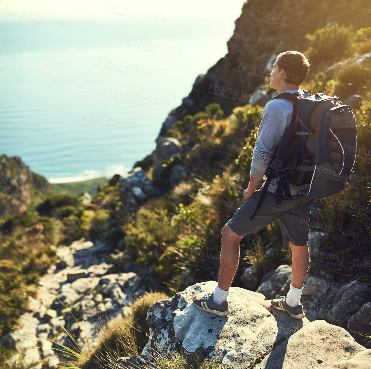 Buy stock photo View, vacation or man hiking for travel, outdoor adventure or journey in forest, nature or woods. Back, wellness and male person on trail walking for holiday, break or trekking to explore mountain