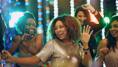 Buy stock photo Happy woman, dance and party in nightclub with friends, social event and new year concert. Dancing group, women and disco celebration with music, night life and crowd for energy, smile and happiness