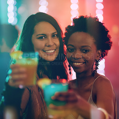 Buy stock photo Portrait of two friends in a nightclub