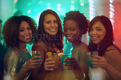 Buy stock photo Portrait of a group of young women having fun at a nightclub