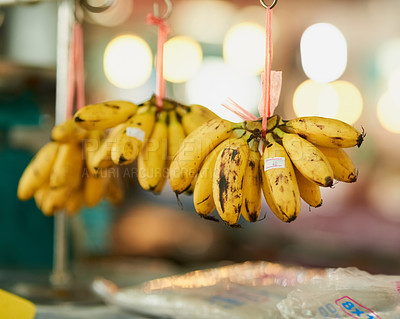 Buy stock photo Shot of bunches of bananas hanging from strings at a food market