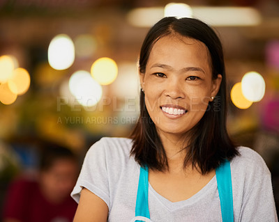 Buy stock photo Portrait of a happy young food vendor posing at the market