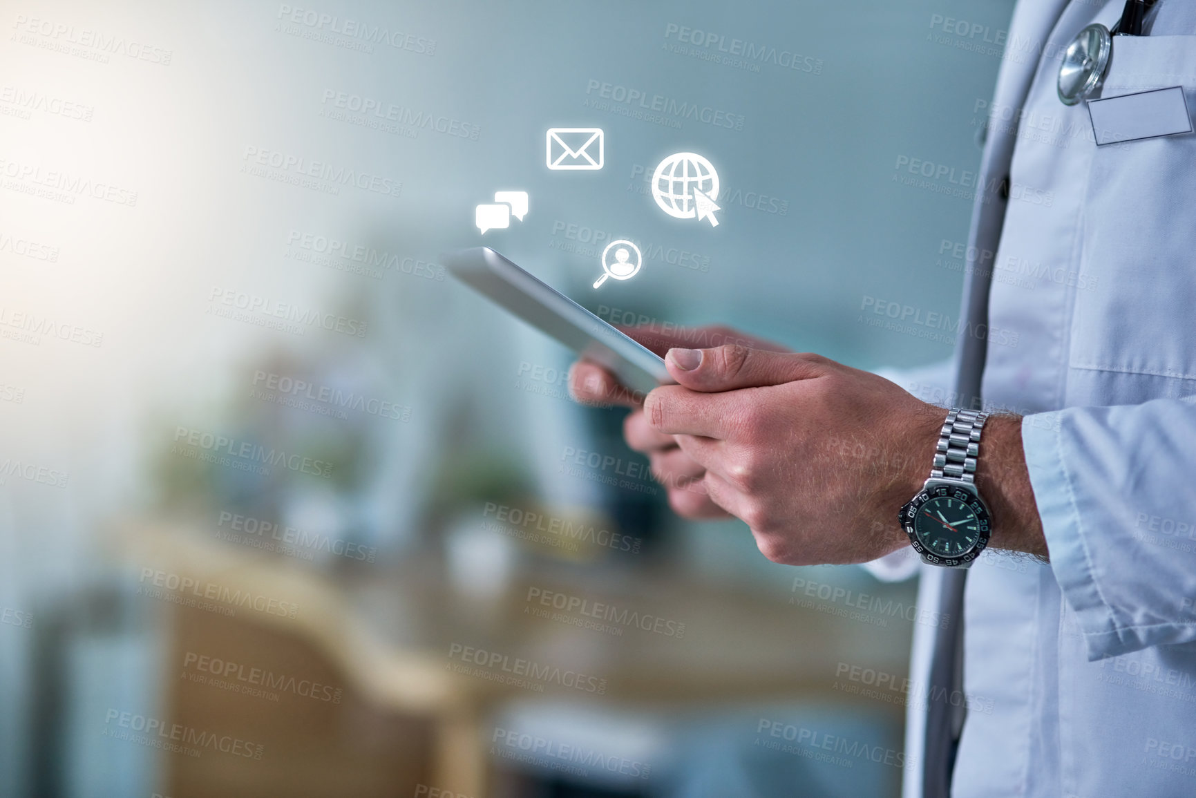 Buy stock photo Cropped shot of a doctor receiving notifications on a digital tablet