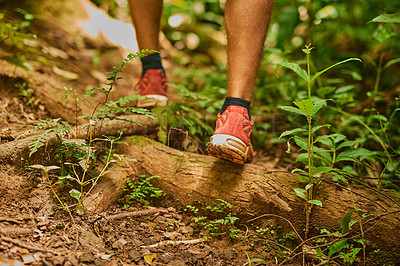 Buy stock photo Cropped shot of an unidentifiable man's feet as he hikes through the jungle