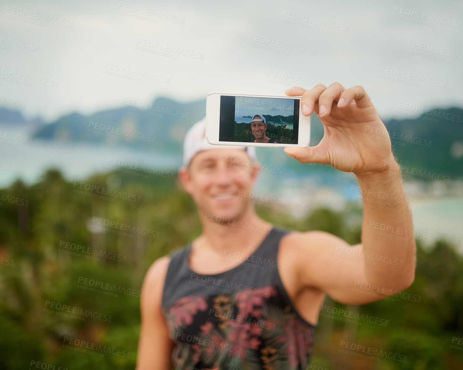 Buy stock photo Screen, smile and selfie with man, island view and relax for social media and adventure on Thailand holiday. Travel, happy and outdoor destination for vacation, tropical ocean and forest sightseeing