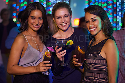 Buy stock photo Portrait of a group of friends having drinks together at a party